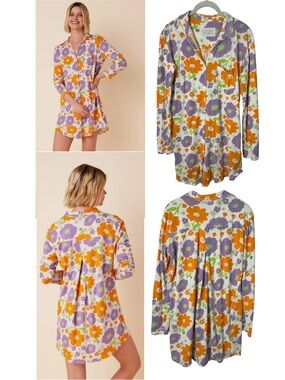 The Cats Popping Pansies Pima Knit Night pajama Shirt Floral Size S